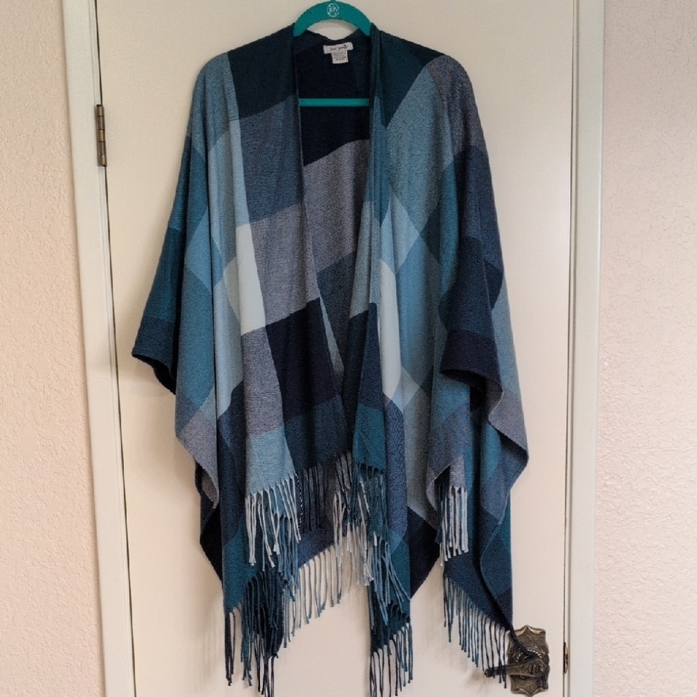 Women's Shawl Wrap Fringe Tassel Boho Cape Poncho Plaid Soft OS Blue Turquoise